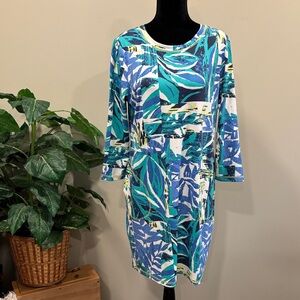 Escape by Habitat Sheath Pocket UPF Dress in Blue and Green Tropical Print NWT